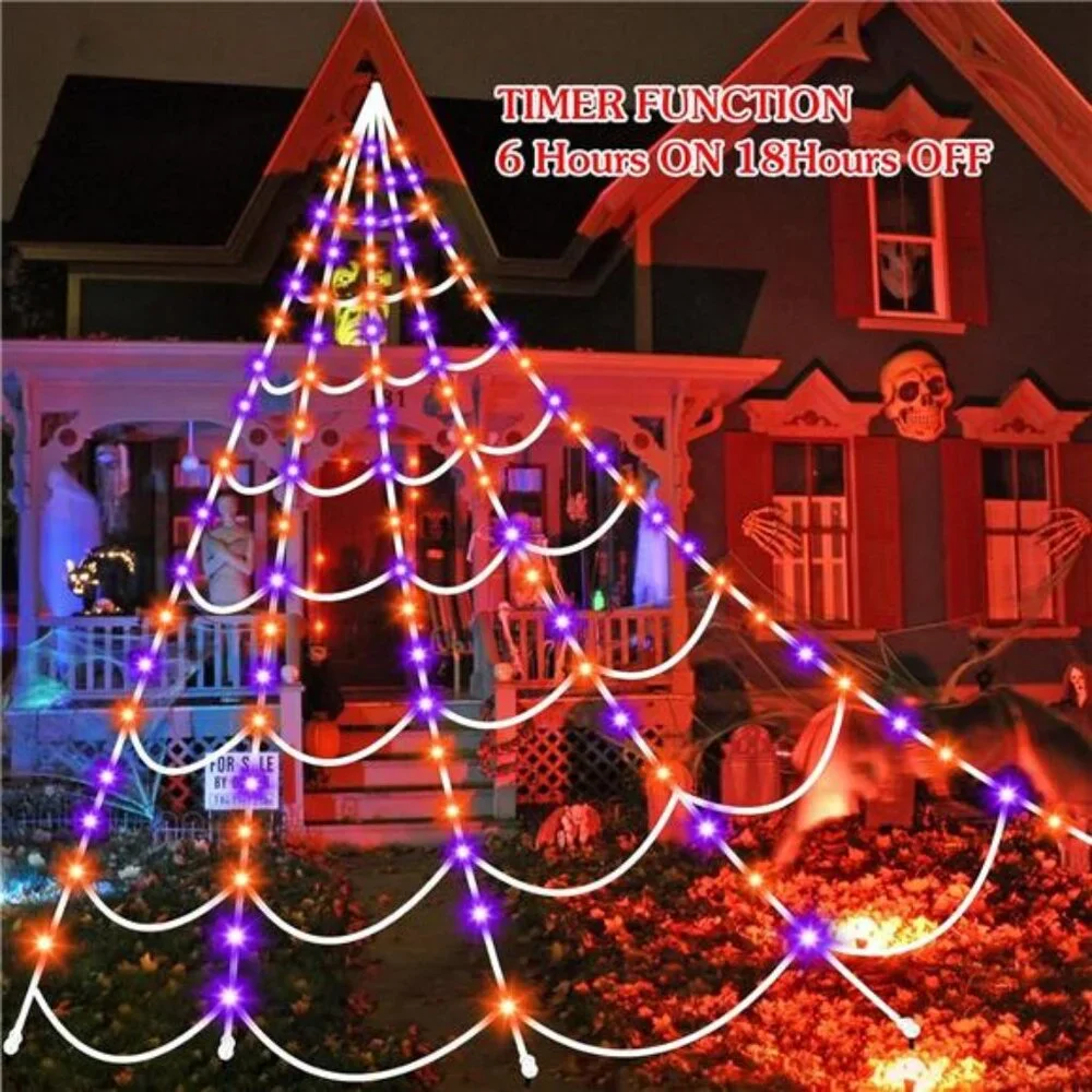 Halloween Decorations Outdoor Spiders WebLights:150 Purple&Orange LED LightDecor